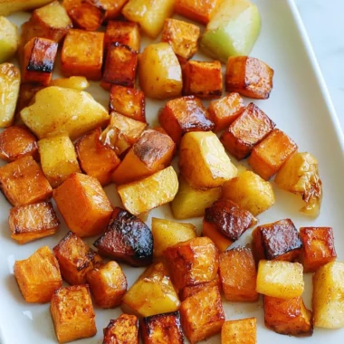 Roasted apple cinnamon sweet potatoes on a plate, garnished with cinnamon.