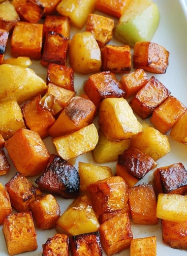 Roasted apple cinnamon sweet potatoes on a plate, garnished with cinnamon.