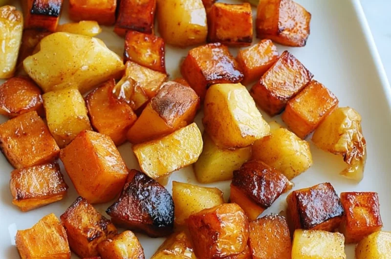 Roasted apple cinnamon sweet potatoes on a plate, garnished with cinnamon.