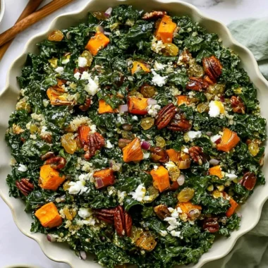 Roasted sweet potato kale salad served in a bowl with dressing and toppings