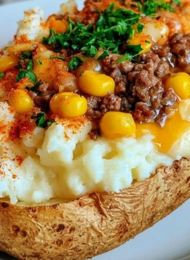 Shepherd's Pie Baked Potato topped with creamy mashed potatoes and savory meat filling.