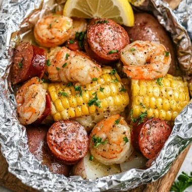 Shrimp boil foil packets with potatoes and corn on a grill