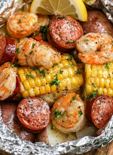 Shrimp boil foil packets with potatoes and corn on a grill