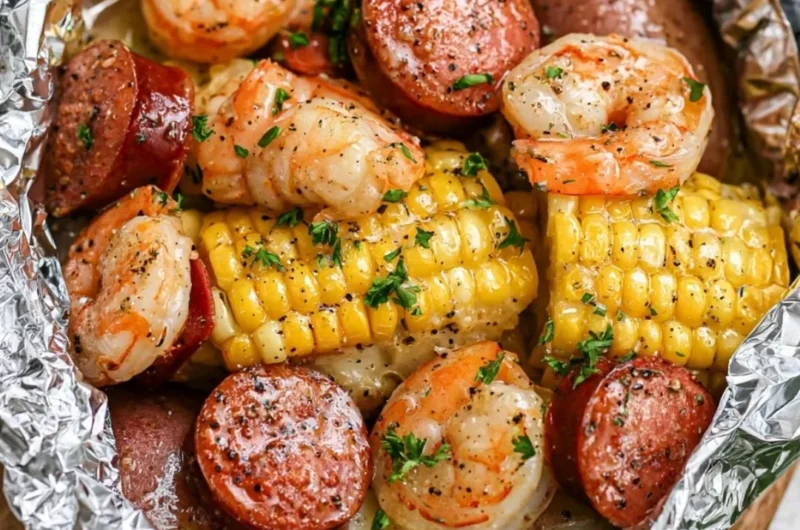 Shrimp boil foil packets with potatoes and corn on a grill