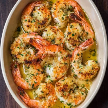 Delicious Shrimp Oreganata topped with herbs and breadcrumbs