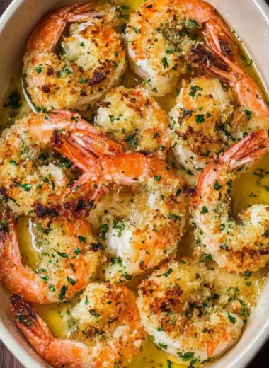 Delicious Shrimp Oreganata topped with herbs and breadcrumbs
