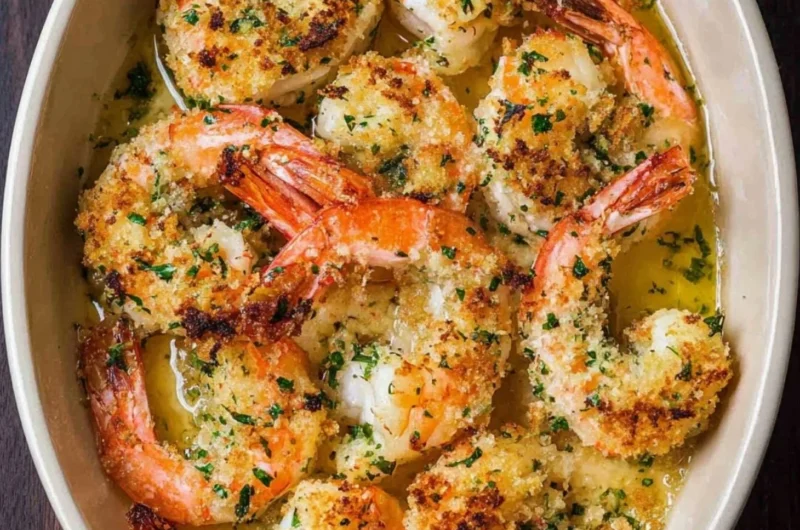 Delicious Shrimp Oreganata topped with herbs and breadcrumbs