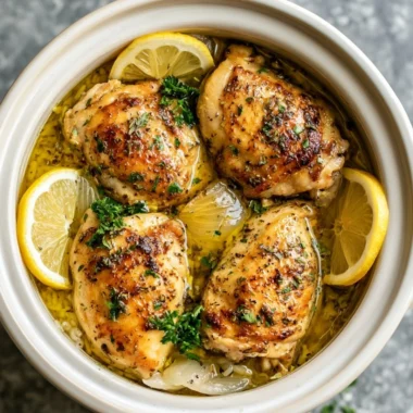 Plate of slow cooker lemon herb chicken served with fluffy rice