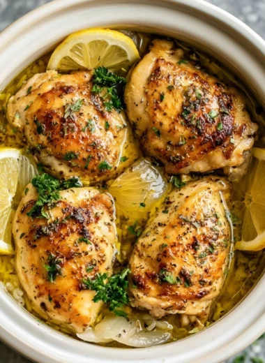 Plate of slow cooker lemon herb chicken served with fluffy rice