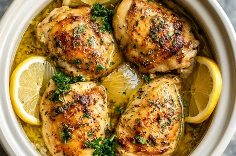 Plate of slow cooker lemon herb chicken served with fluffy rice