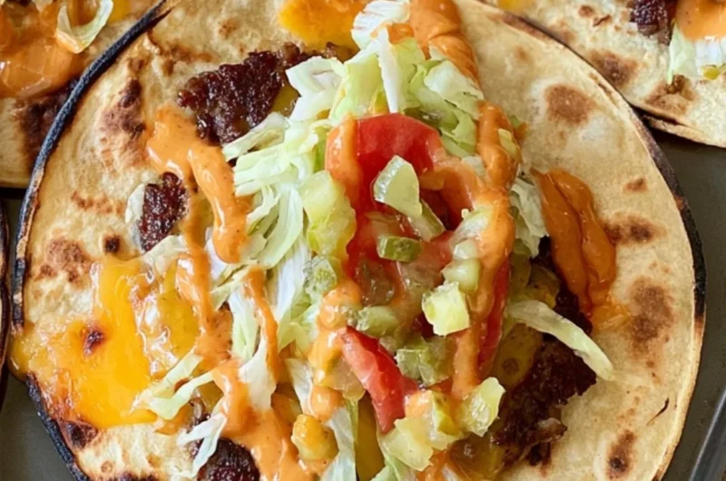 Juicy smash burger tacos served with fresh toppings and condiments.