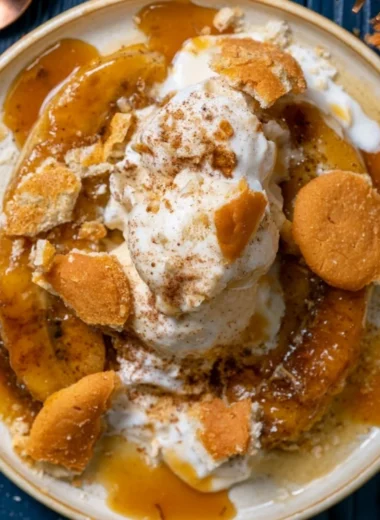 Delicious Southern Bananas Foster dessert served in a skillet with caramel sauce.