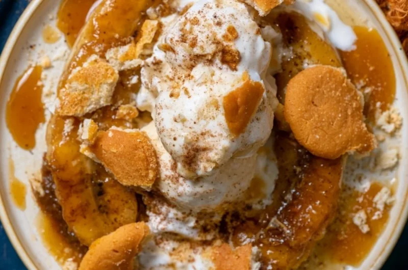 Delicious Southern Bananas Foster dessert served in a skillet with caramel sauce.