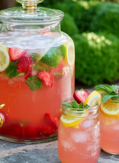 Sparkling lemonade punch in a glass with citrus slices and mint garnish