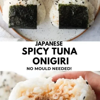 Spicy tuna rice balls served with garnishes on a plate.