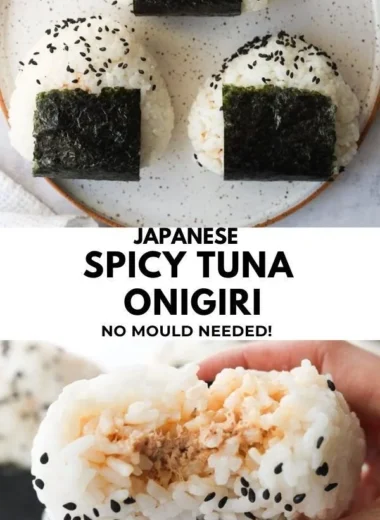 Spicy tuna rice balls served with garnishes on a plate.