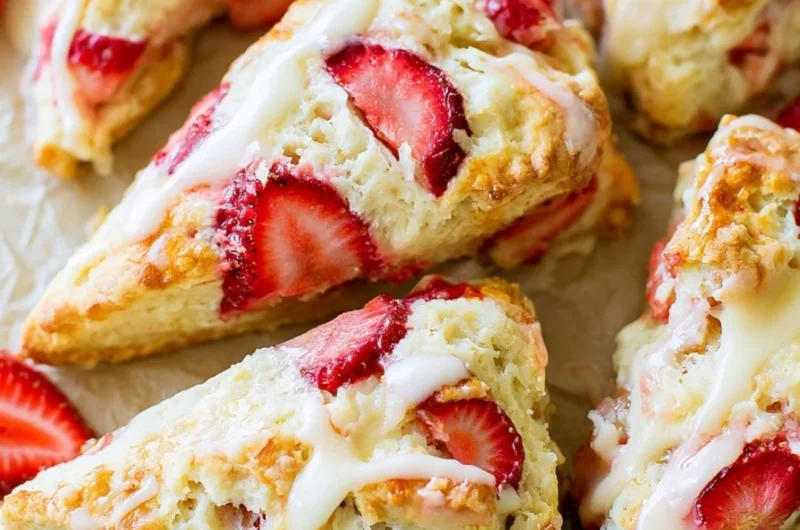 Freshly baked strawberries and cream scones on a white plate