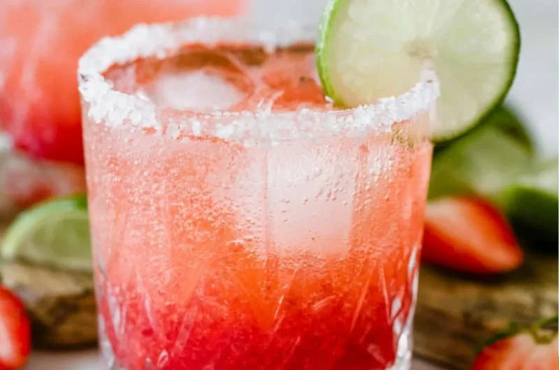 Delicious Strawberry Lime Mocktail Margarita served in a glass with fresh strawberries.