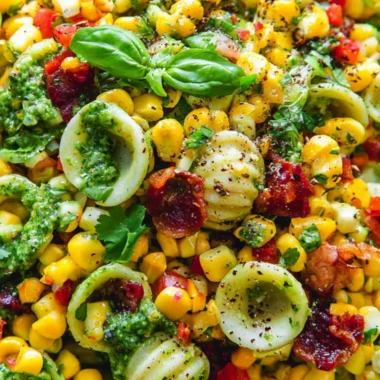 Summer pasta salad with corn, bell pepper, bacon, and creamy pesto dressing