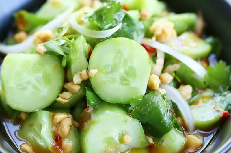 Delicious Thai cucumber salad with fresh vegetables and herbs