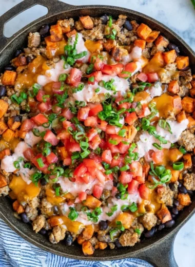 Delicious Turkey Sweet Potato Skillet cooked with vegetables.