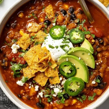 A bowl of Vegan Black Bean & Lentil Chili topped with fresh herbs and avocado.