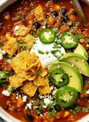 A bowl of Vegan Black Bean & Lentil Chili topped with fresh herbs and avocado.