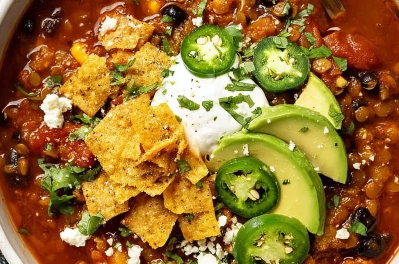 A bowl of Vegan Black Bean & Lentil Chili topped with fresh herbs and avocado.