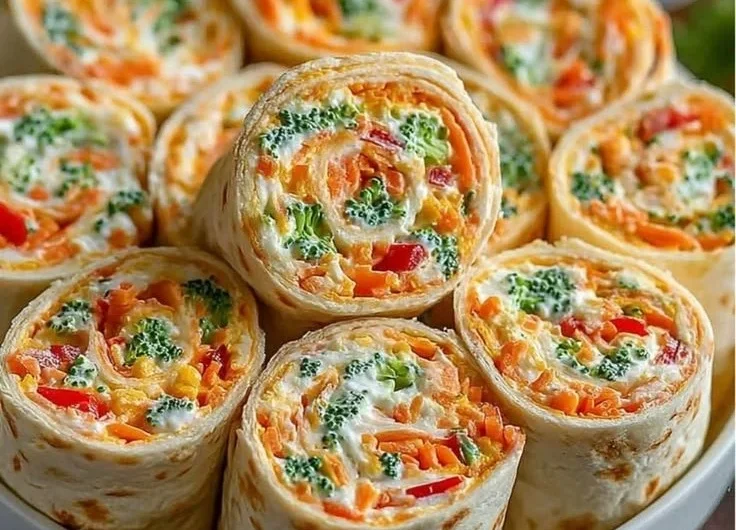 Healthy vegetable tortilla roll ups filled with fresh veggies and cream cheese.