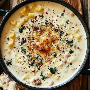 Bowl of creamy White Lasagna Soup topped with cheese and herbs