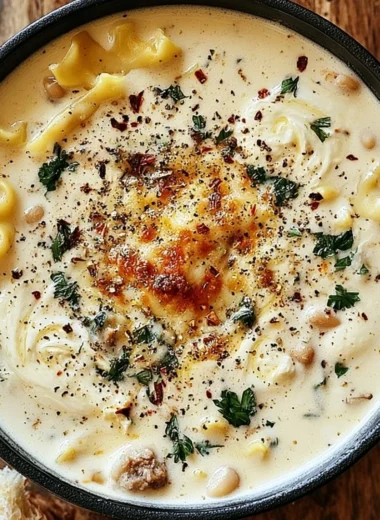 Bowl of creamy White Lasagna Soup topped with cheese and herbs