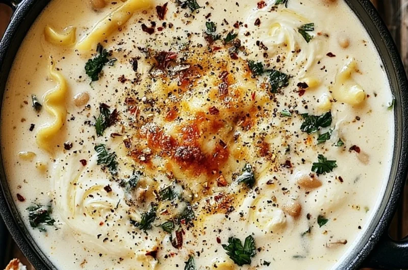 Bowl of creamy White Lasagna Soup topped with cheese and herbs