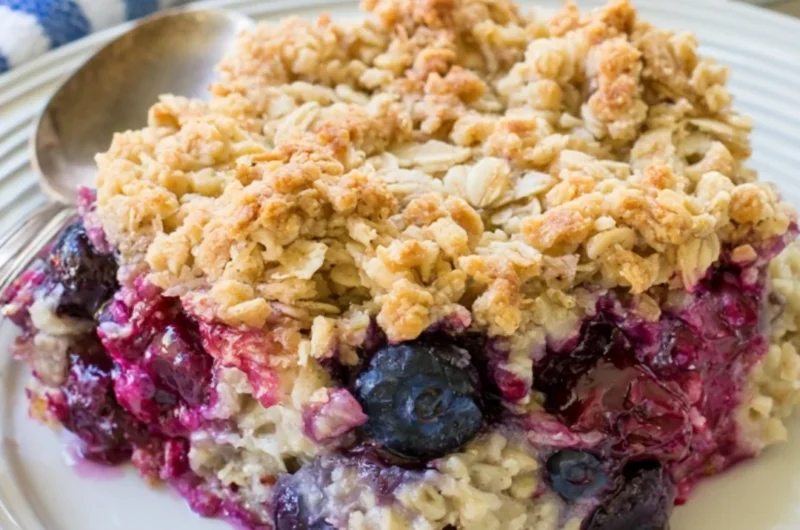 Delicious blueberry baked oatmeal served in a bowl with fresh blueberries on top.