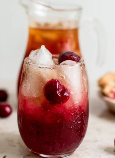 Glass of cherry pie iced tea with cherries and pie in the background
