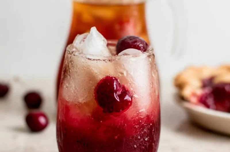 Glass of cherry pie iced tea with cherries and pie in the background