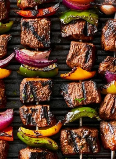 Cozy beef shish kabob grilled to perfection with fresh vegetables