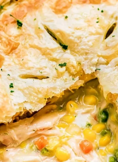 Delicious homemade chicken pot pie with a golden crust and savory filling