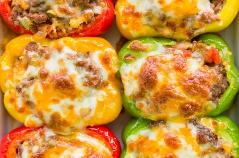 Cozy keto stuffed bell peppers filled with savory ingredients on a plate.