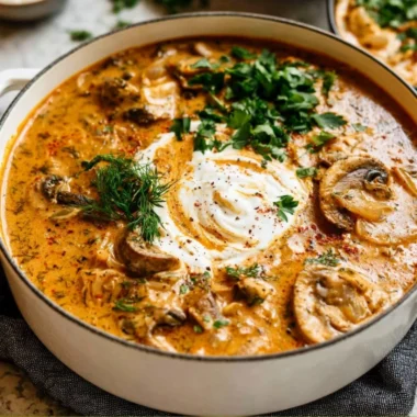 Delicious creamy Hungarian mushroom soup topped with fresh herbs in a bowl.