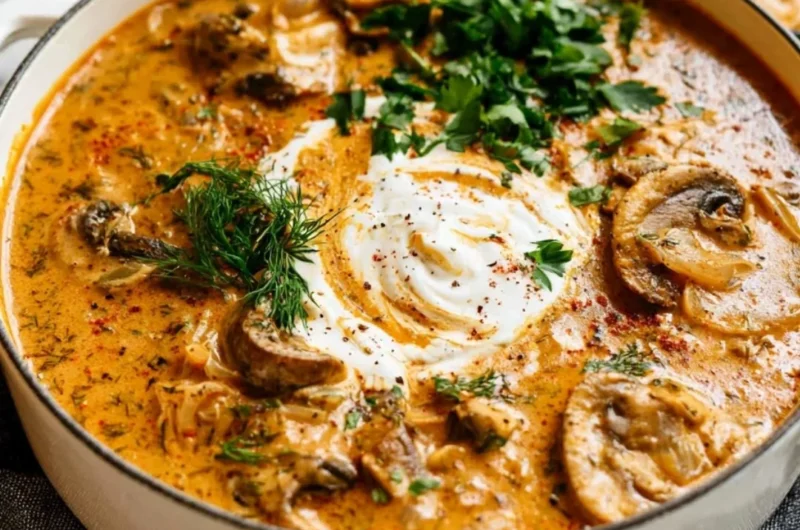 Delicious creamy Hungarian mushroom soup topped with fresh herbs in a bowl.