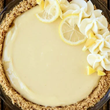 Slice of easy lemon cream pie on a plate with lemon garnishes