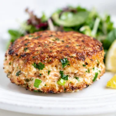 Delicious easy low carb salmon patties on a plate garnished with herbs