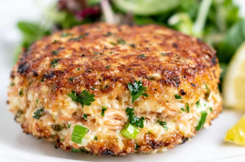 Delicious easy low carb salmon patties on a plate garnished with herbs