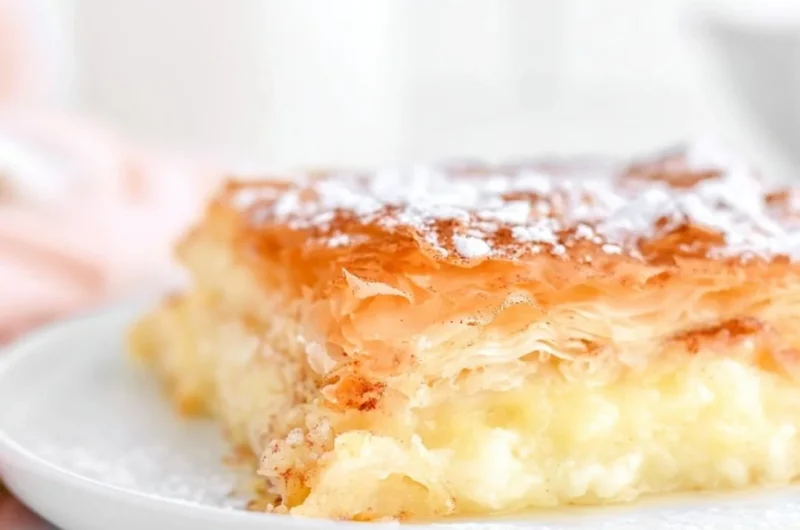 Fresh Greek Bougatsa pastry filled with creamy custard.