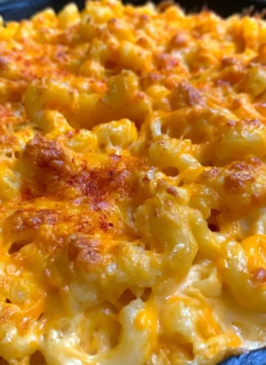 Delicious homemade Traeger smoked mac and cheese in a creamy sauce