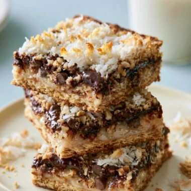 Delicious Magic Cookie Bars with layers of chocolate, coconut, and nuts.