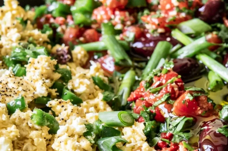 A colorful Mediterranean breakfast bowl filled with fresh vegetables, olives, and feta cheese