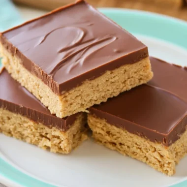 No Bake Reese's Peanut Butter Bars topped with chocolate and peanut butter drizzle