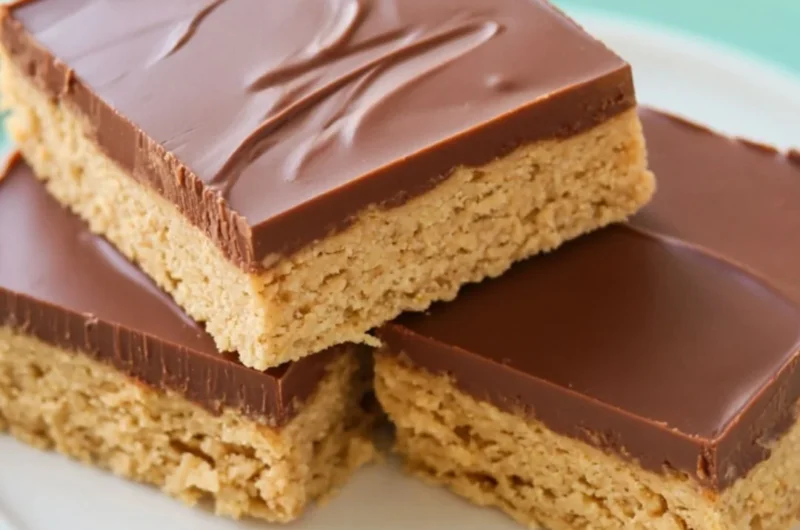 No Bake Reese's Peanut Butter Bars topped with chocolate and peanut butter drizzle