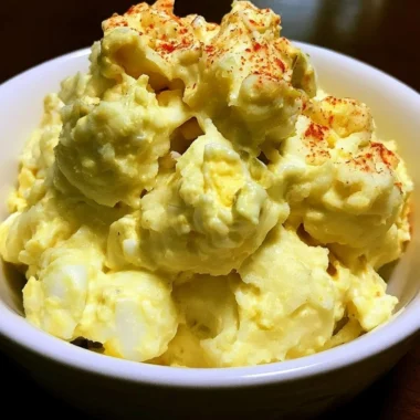 Delicious old fashioned potato salad served in a bowl, garnished with herbs.